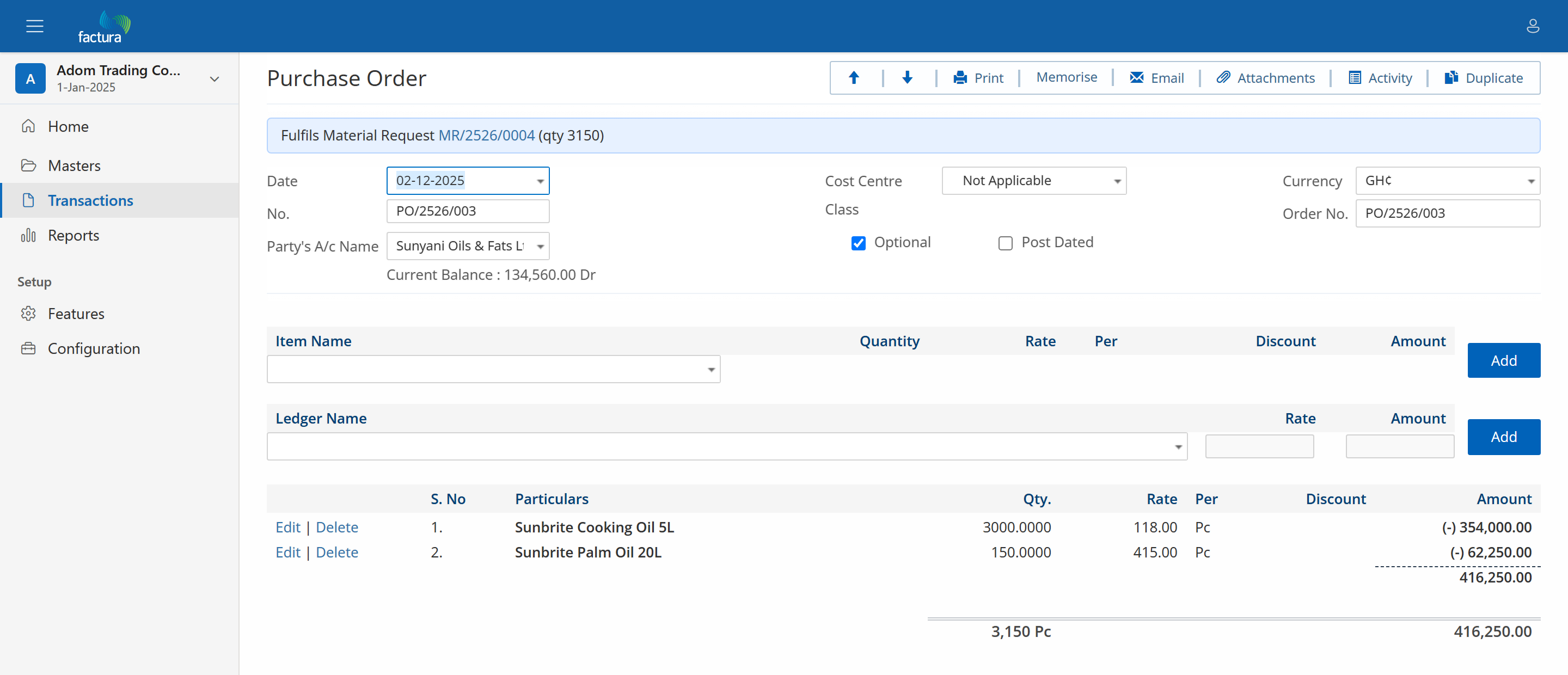 Purchase order PO/2526/003 open, with a banner reading Fulfils Material Request MR/2526/0004 (qty 3150)