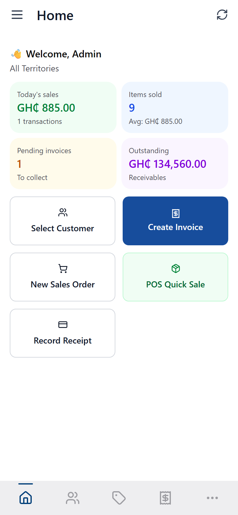 Factura Mobile Sales home screen: Today's sales GH¢885.00 from 1 transaction, 9 items sold, 1 pending invoice, GH¢134,560.00 outstanding, and the five action buttons — Select Customer, Create Invoice, New Sales Order, POS Quick Sale, Record Receipt