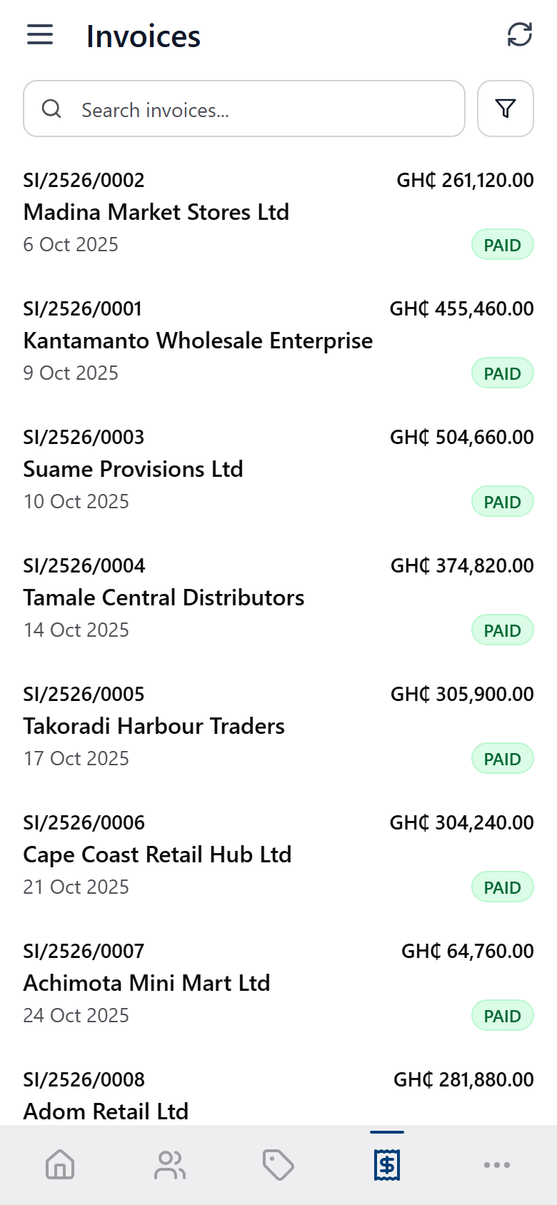 Factura Mobile Sales invoices list: a search bar and filter icon above a scrollable ledger of sales invoices, SI/2526/0002 through SI/2526/0008, each showing its customer, date and a status chip, oldest first