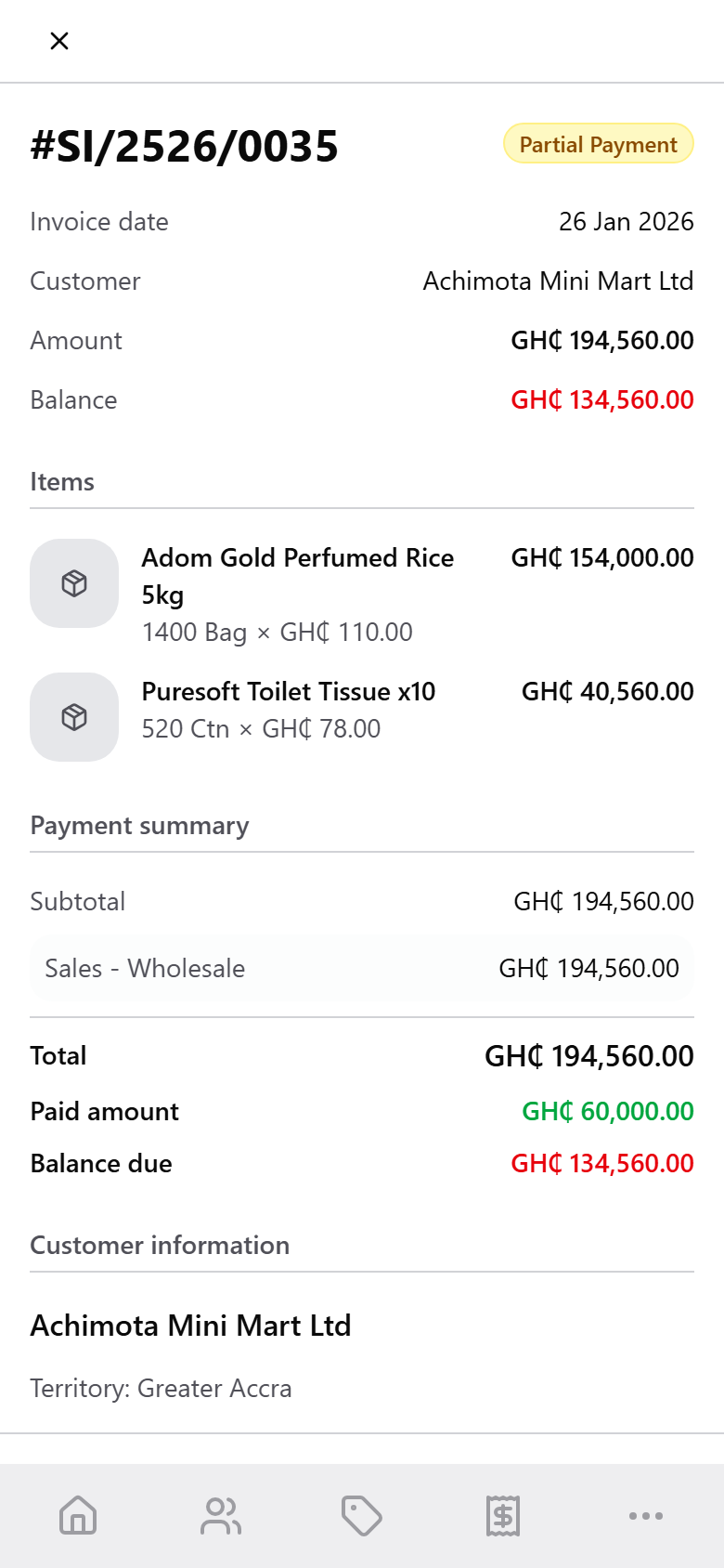 Invoice SI/2526/0035 for Achimota Mini Mart Ltd: GH¢194,560.00 amount, GH¢134,560.00 balance, Partial Payment chip, two line items, and a payment summary showing GH¢60,000.00 paid