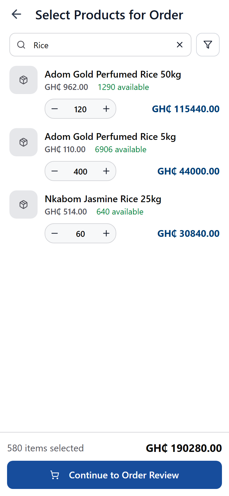 Select Products for Order, filtered on ‘Rice’: three lines picked — Adom Gold Perfumed Rice 50kg at GH¢962.00, 120 of 1,290 available, extending to GH¢115,440.00; Adom Gold Perfumed Rice 5kg at GH¢110.00, 400 of 6,906, GH¢44,000.00; and Nkabom Jasmine Rice 25kg at GH¢514.00, 60 of 640, GH¢30,840.00