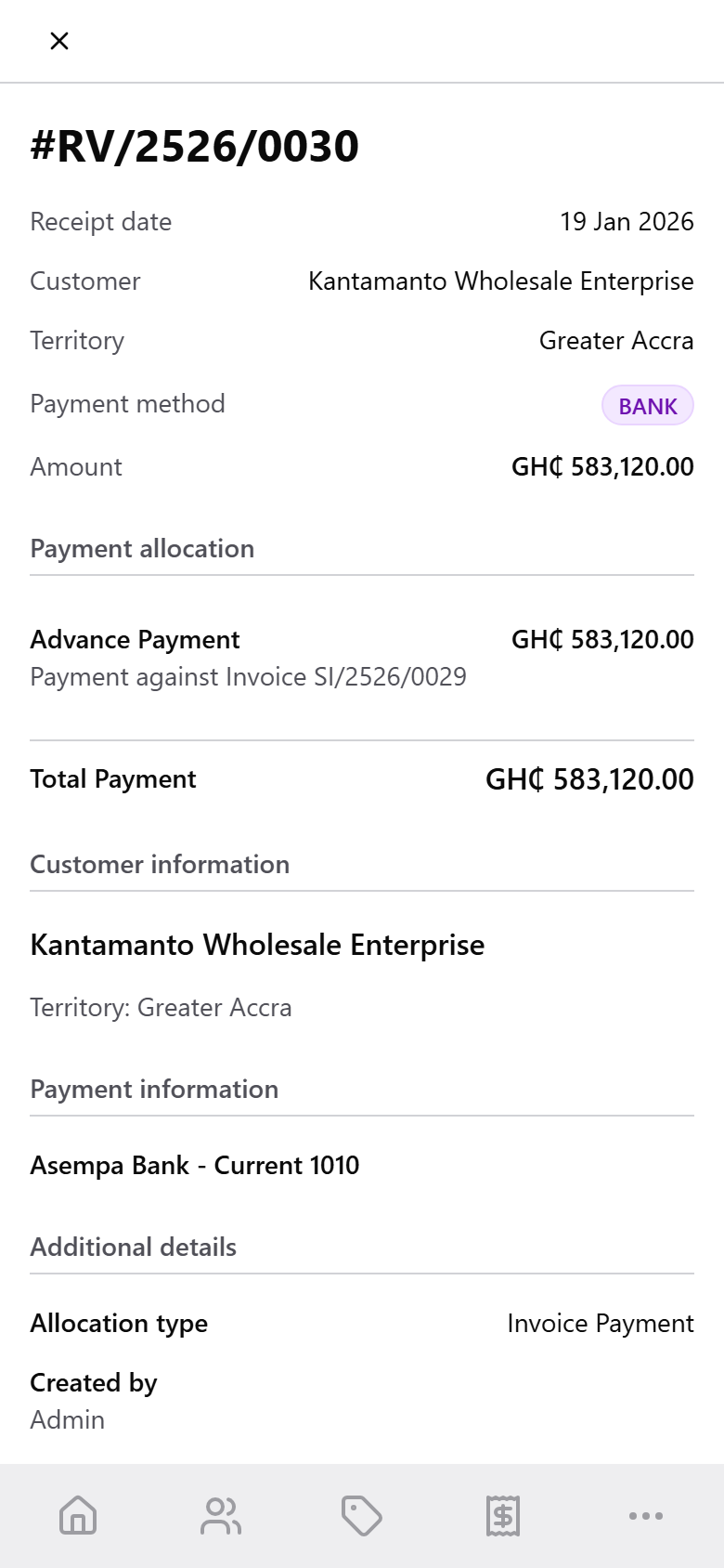 A receipt’s allocation block: ‘Payment against Invoice SI/2526/0029’, total payment GH¢583,120.00, customer Kantamanto Wholesale Enterprise in the Greater Accra territory, paid into Asempa Bank - Current 1010, allocation type Invoice Payment