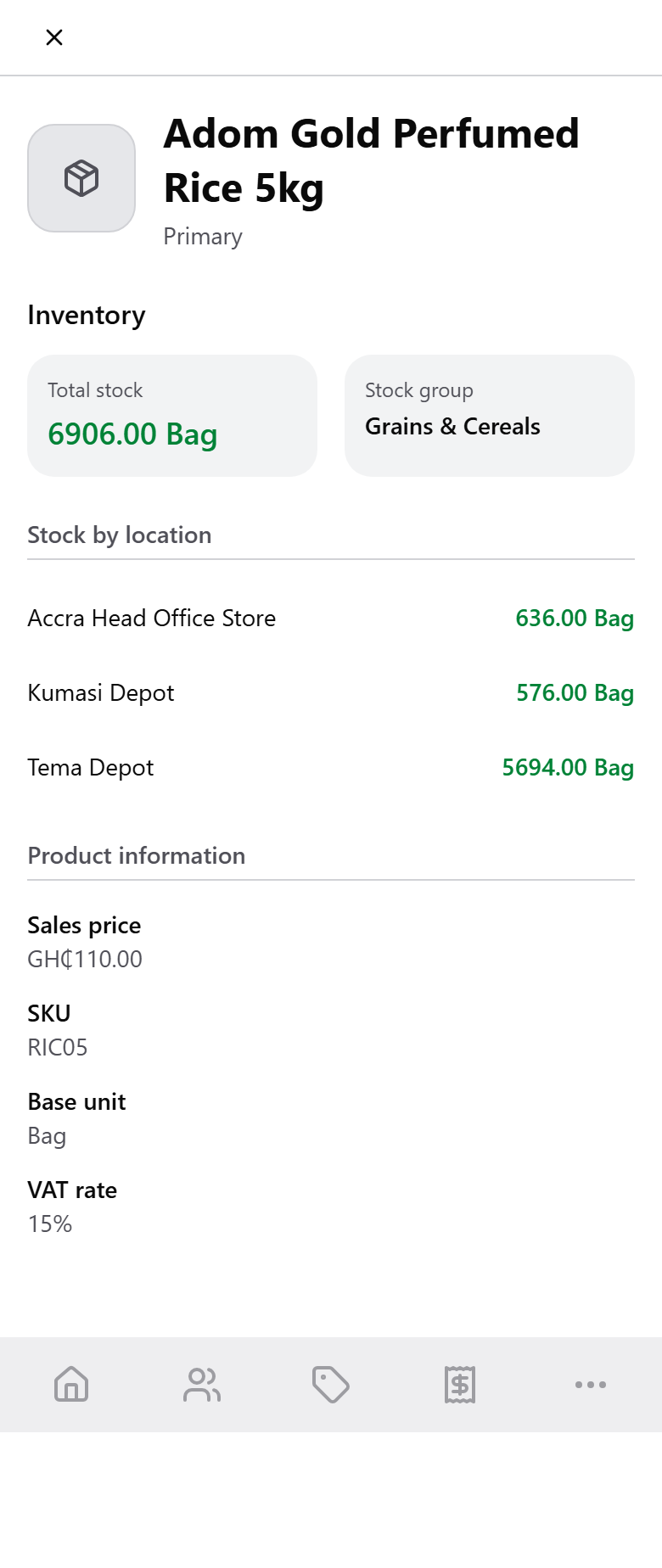 Product detail for Adom Gold Perfumed Rice 5kg: total stock 6,906 Bag split Accra Head Office Store 636, Kumasi Depot 576, Tema Depot 5,694, sales price GH¢110.00 and VAT rate 15%