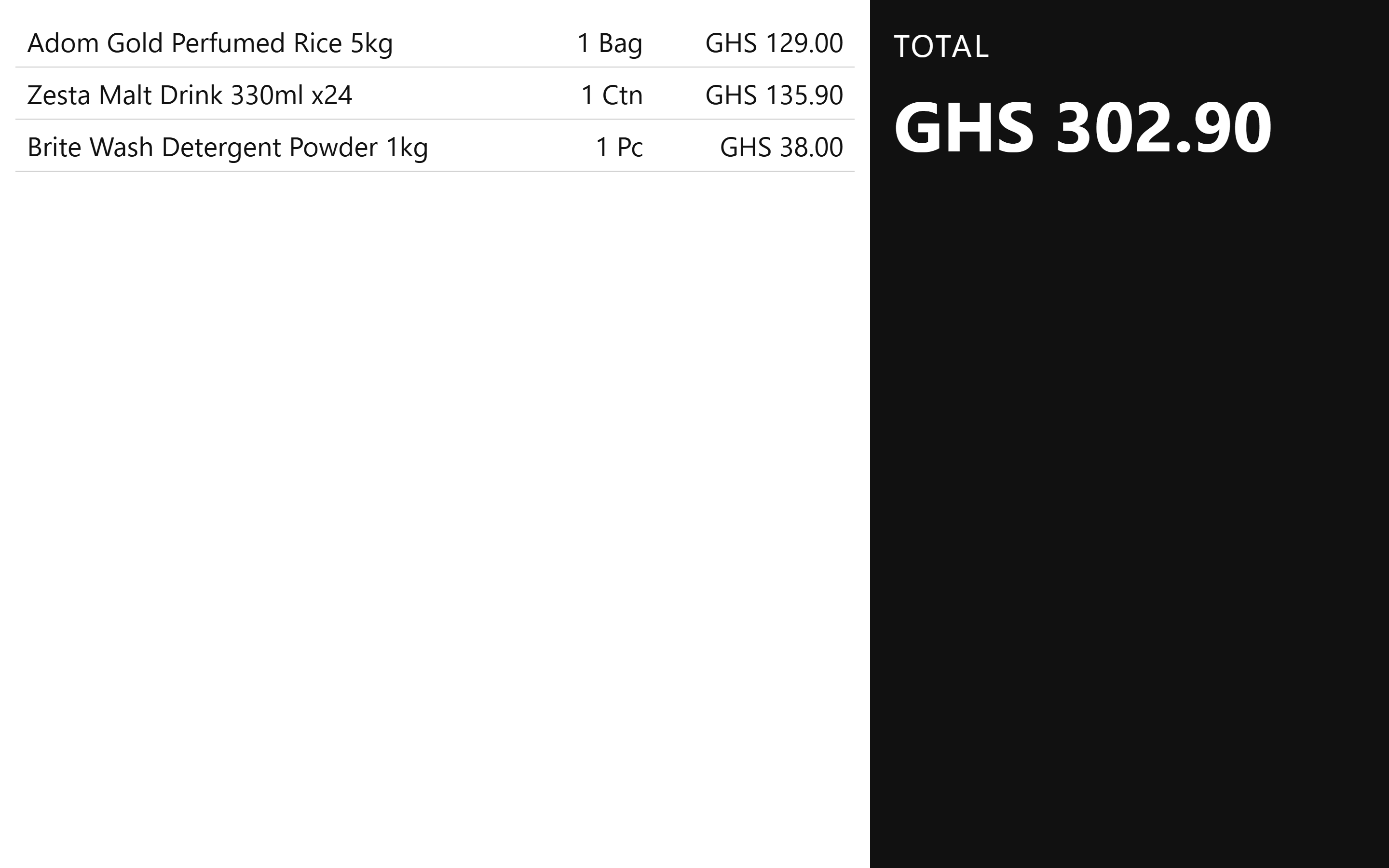 The Factura POS customer display: three cart lines, rice 129.00, malt drink 135.90 and detergent 38.00, and a large total of GHS 302.90 on a dark panel