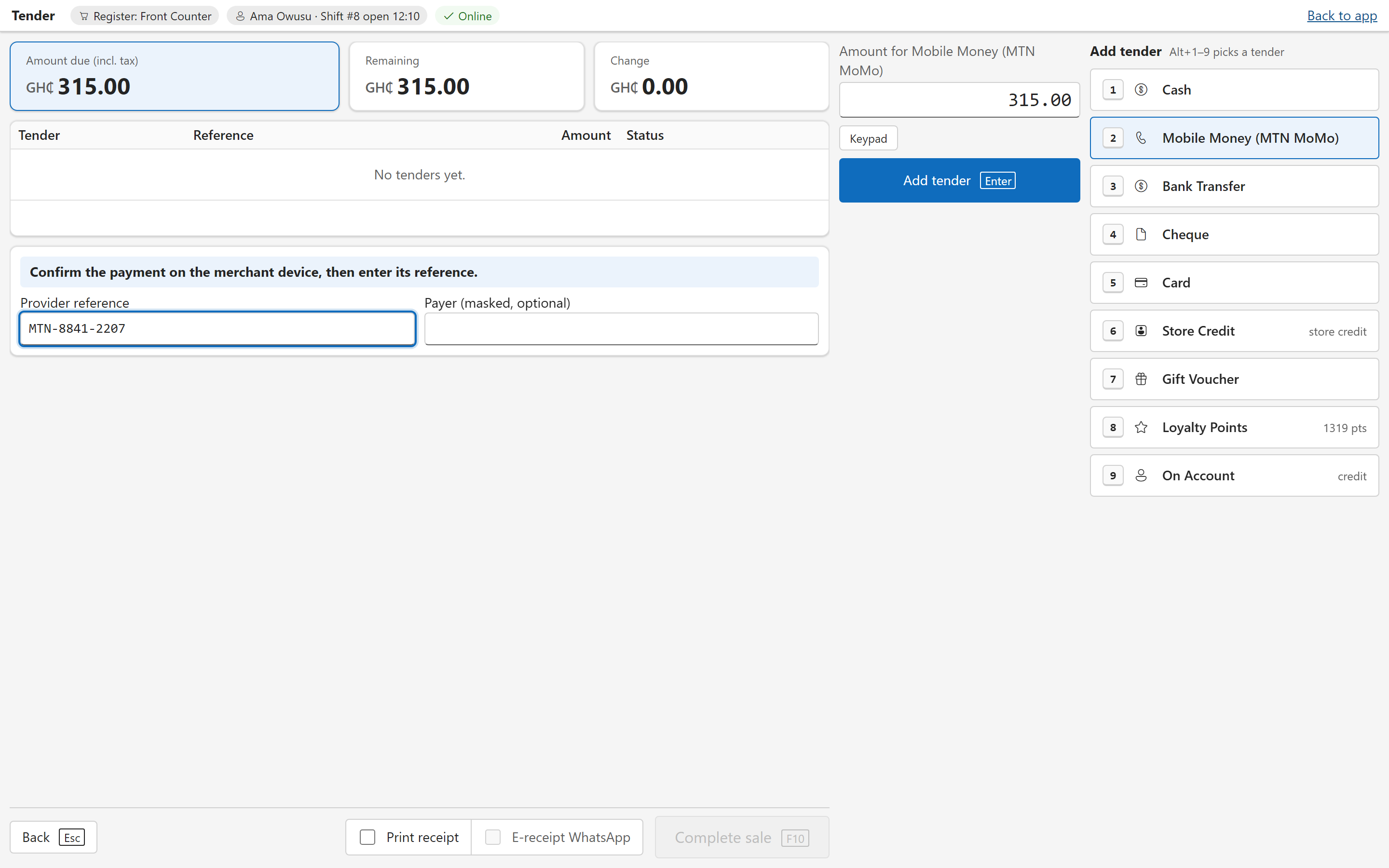 The Factura POS tender screen: GH₵315.00 due going on mobile money (MTN MoMo), the provider reference entered, and the tender tiles numbered for Alt+1 to 9