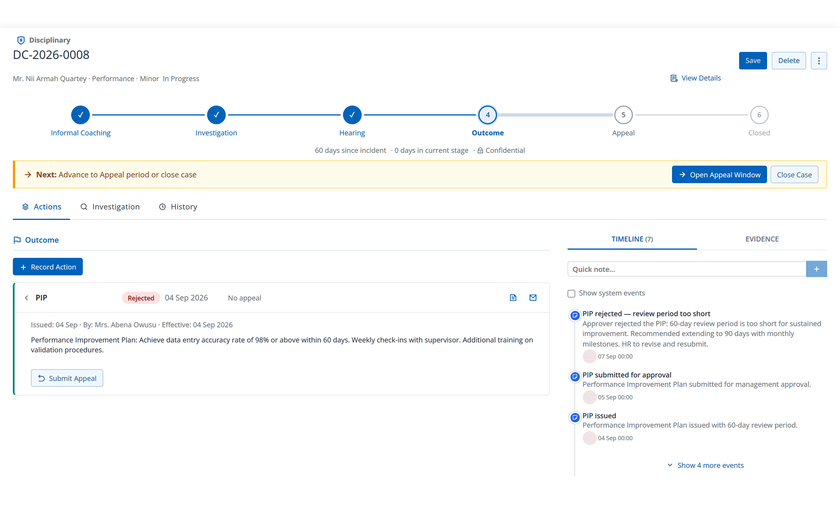 A disciplinary case record: the stage it has reached, the next step, a performance improvement plan and the dated timeline of every event
