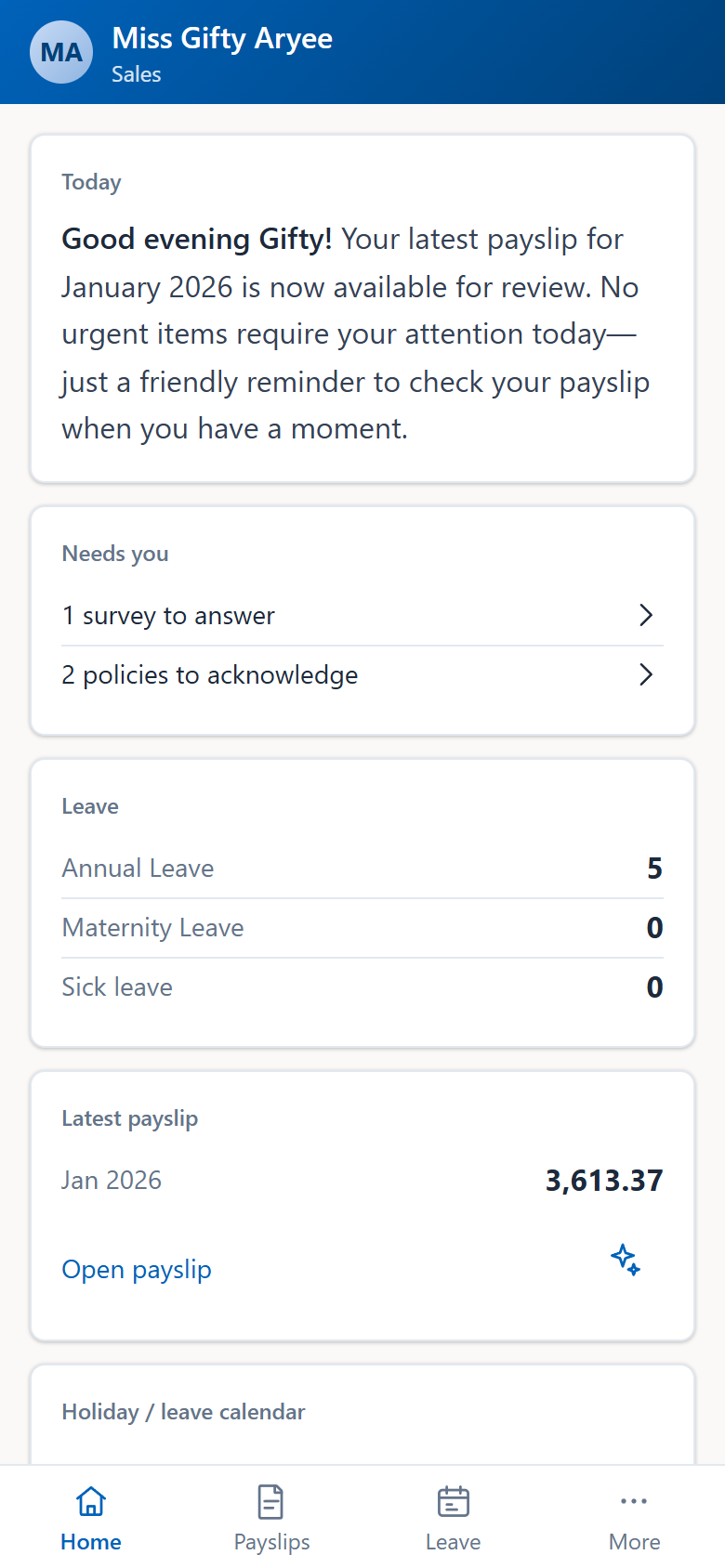 Self-service on a phone: a greeting with the leave balance and latest payslip, a survey and two policies awaiting the employee, leave balances by type, and the January 2026 payslip