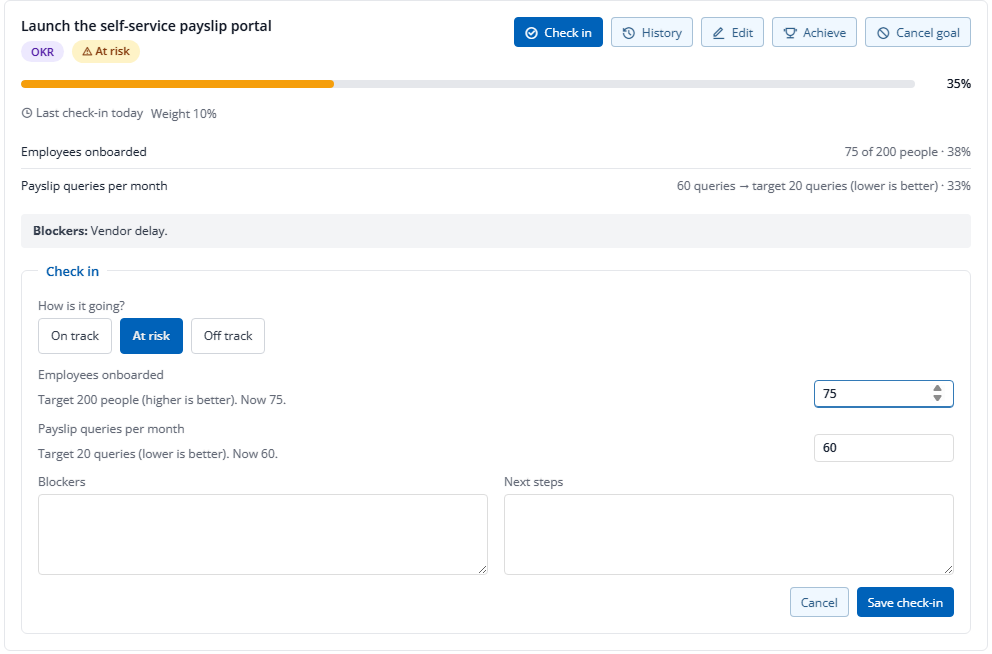A check-in on an objective with key results, to launch the self-service payslip portal: marked at risk at 35 per cent, with 75 of 200 employees onboarded and payslip queries at 60 a month against a target of 20, a blocker reading vendor delay, and the check-in form with on track, at risk and off track choices, a field per key result, and boxes for blockers and next steps