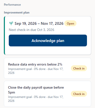 The Performance screen in the phone app: an open improvement plan from 19 September to 17 November 2026 with the next check-in due on 3 October and an Acknowledge plan button, and below it two improvement goals at 0 per cent, each with a Check in button