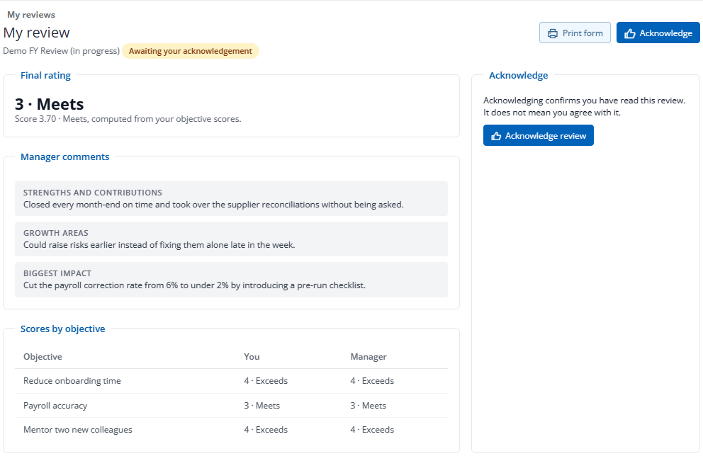 An employee's shared review awaiting acknowledgement: a final rating of 3, Meets, with a score of 3.70 computed from the objective scores, the manager's comments on strengths, growth areas and biggest impact, a table of scores by objective with the employee's and the manager's rating side by side, and a panel explaining that acknowledging confirms the review was read, not that the employee agrees with it