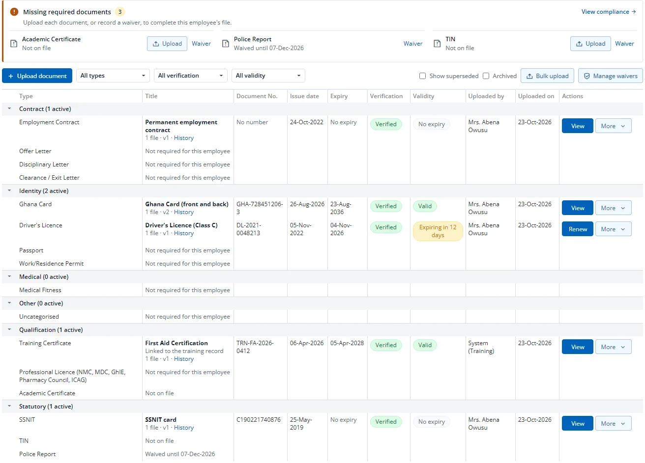 The Documents tab of an employee with the missing documents panel