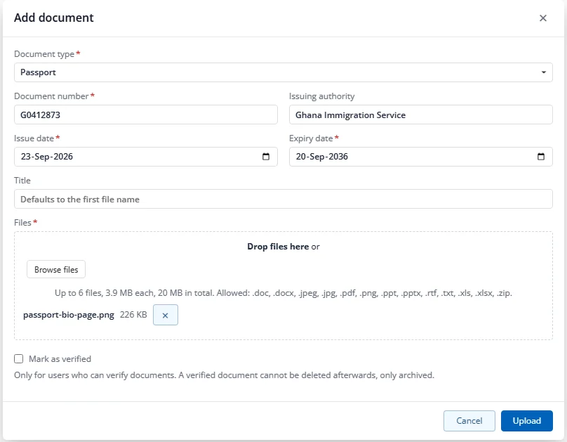 The upload form with a document type chosen