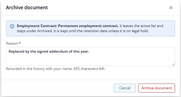 The Archive document form asking for a reason
