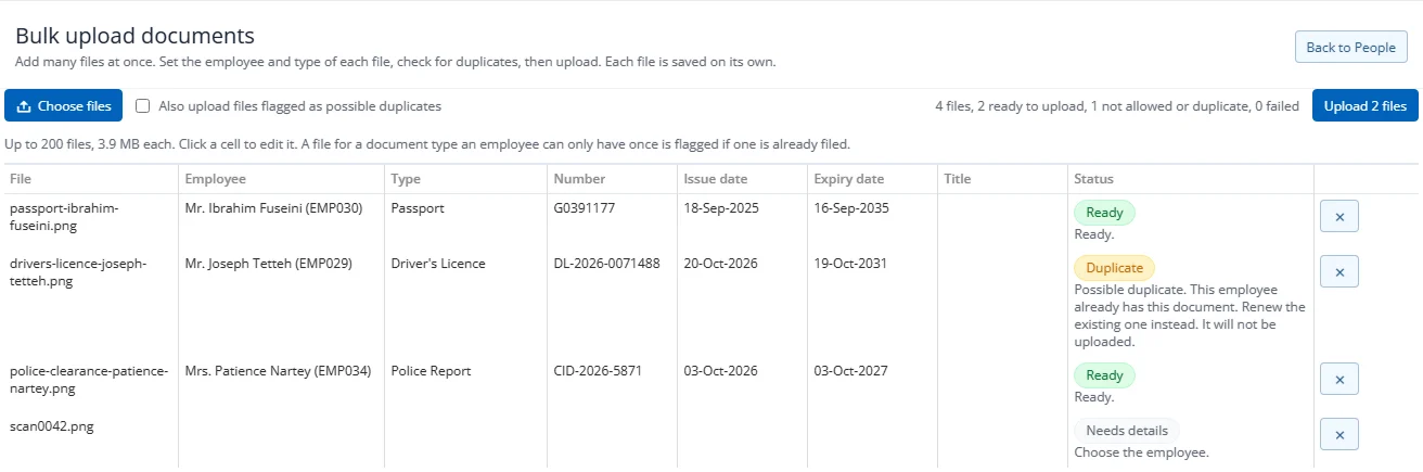 The bulk upload page with files waiting to be filed