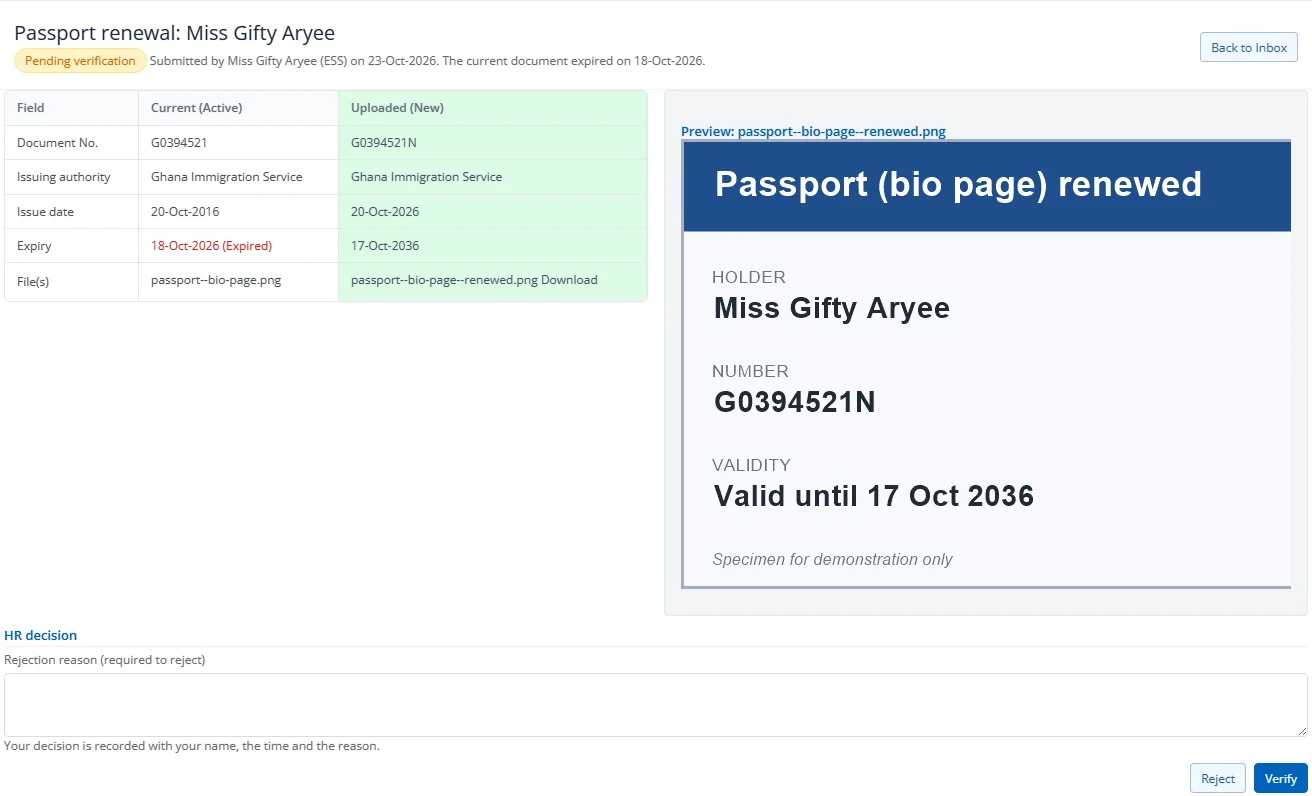 The verify page comparing the current document with a renewal