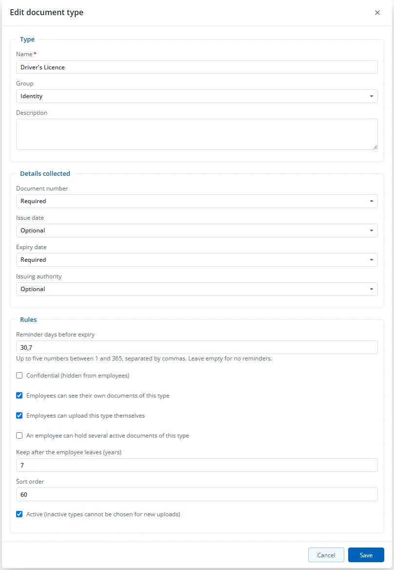 The document type form