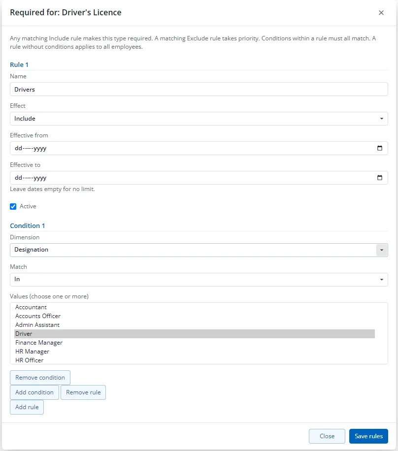 The requirement rules of a document type