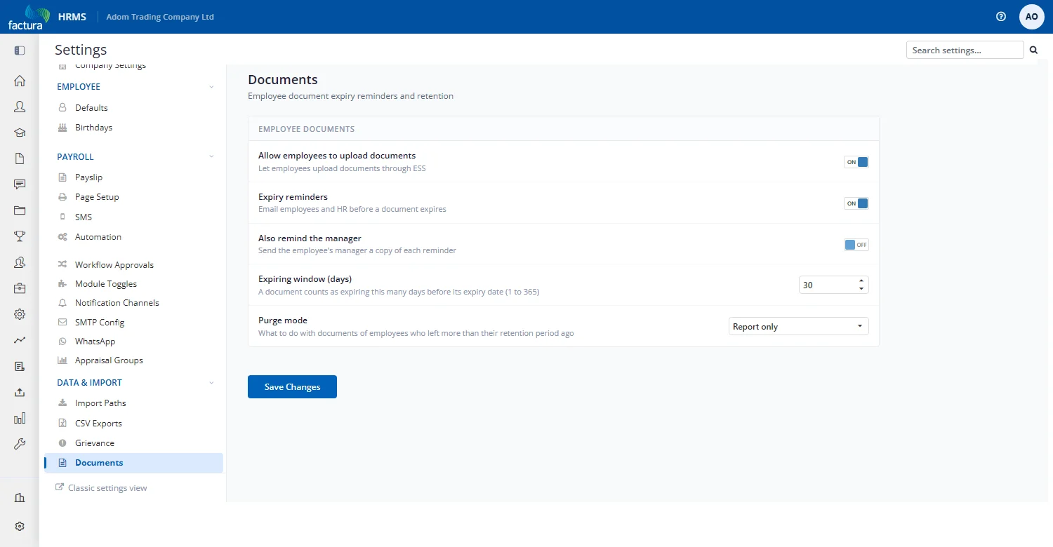 The Documents section of the system settings
