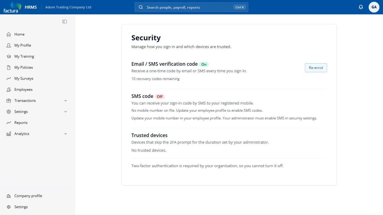 Security & 2FA page