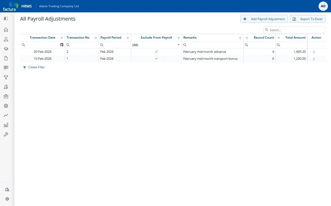 The Payroll Adjustments list