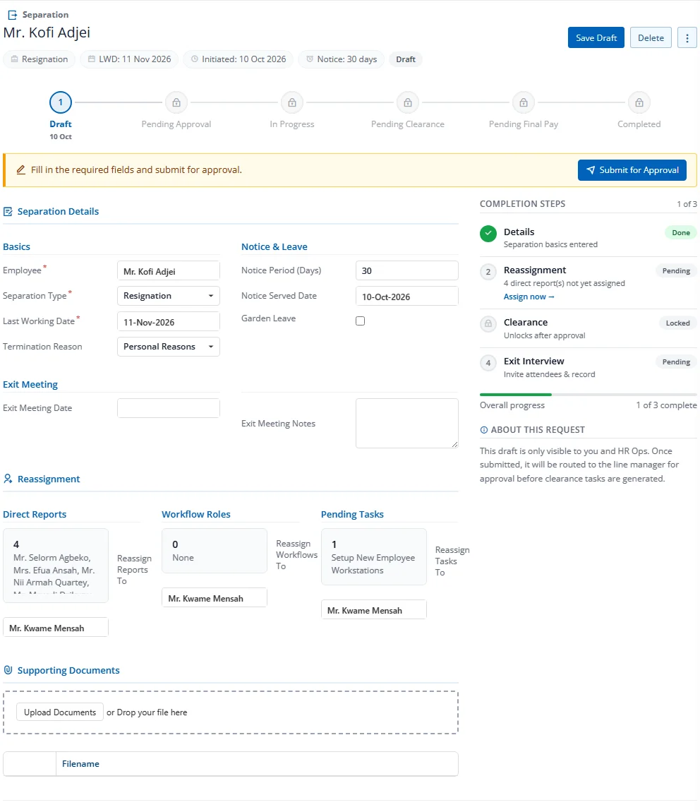 Draft separation showing stepper, CTA, sections, and completion-steps sidebar