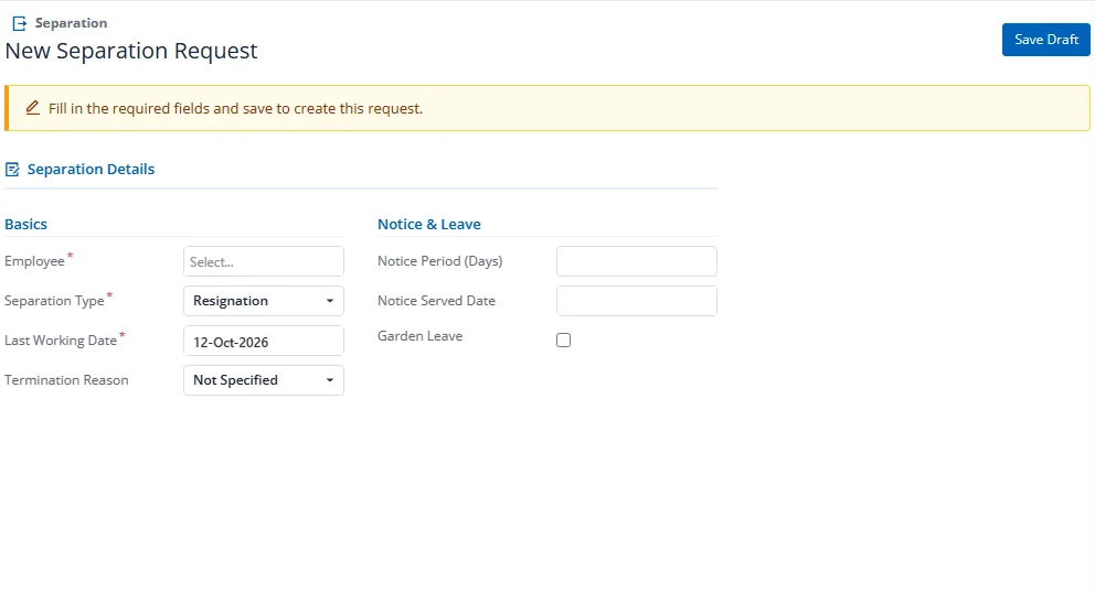 New separation create form with empty fields