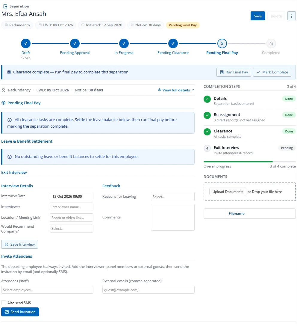 Pending Final Pay with Run Final Pay and Mark Complete buttons