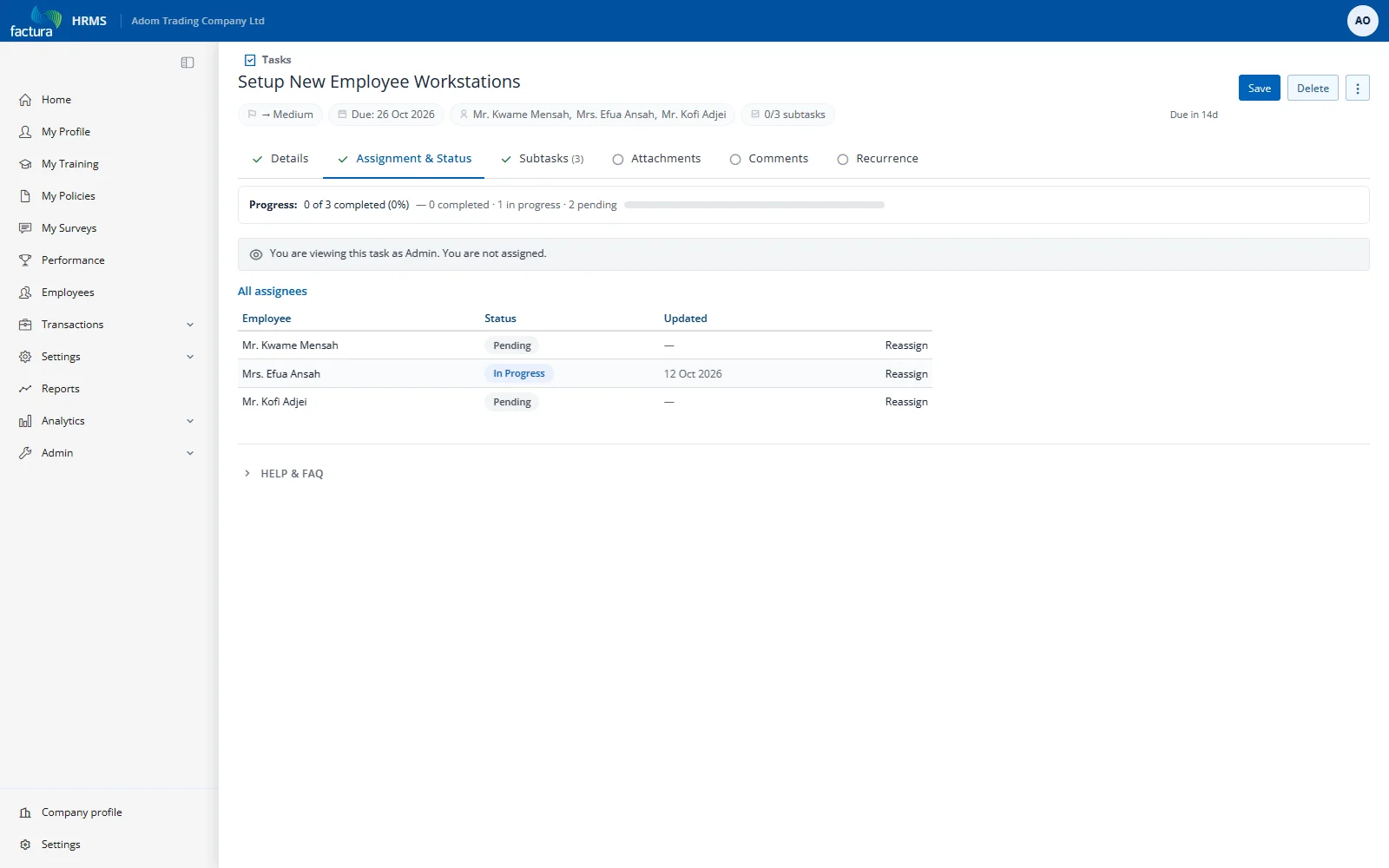 Assignment & Status tab