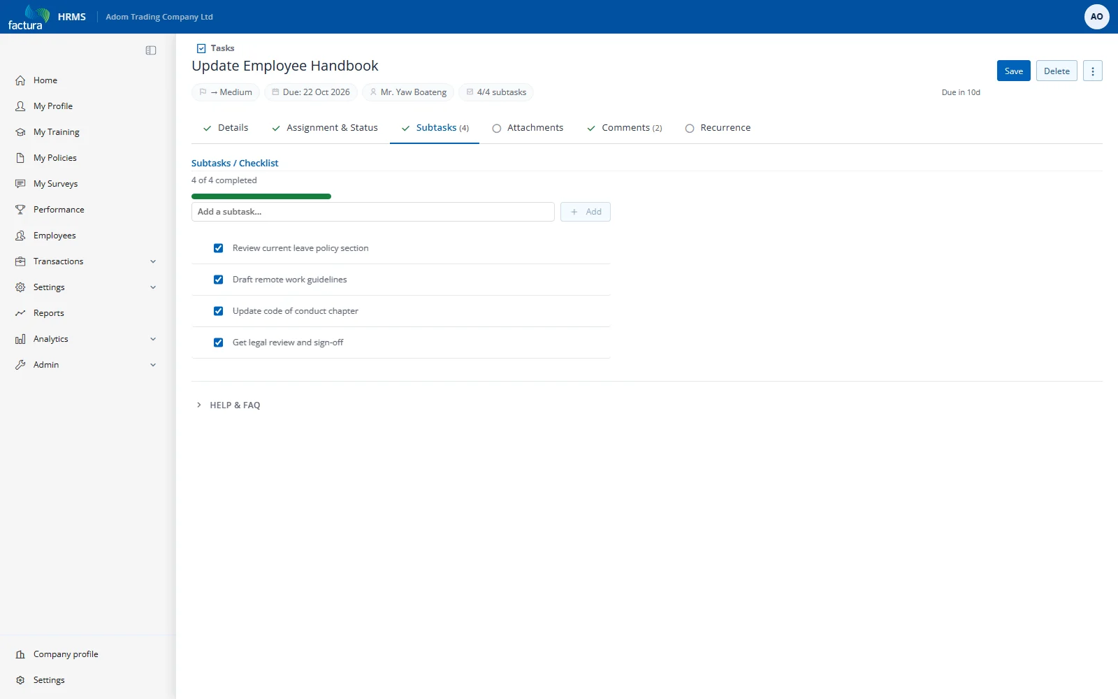 Subtasks tab