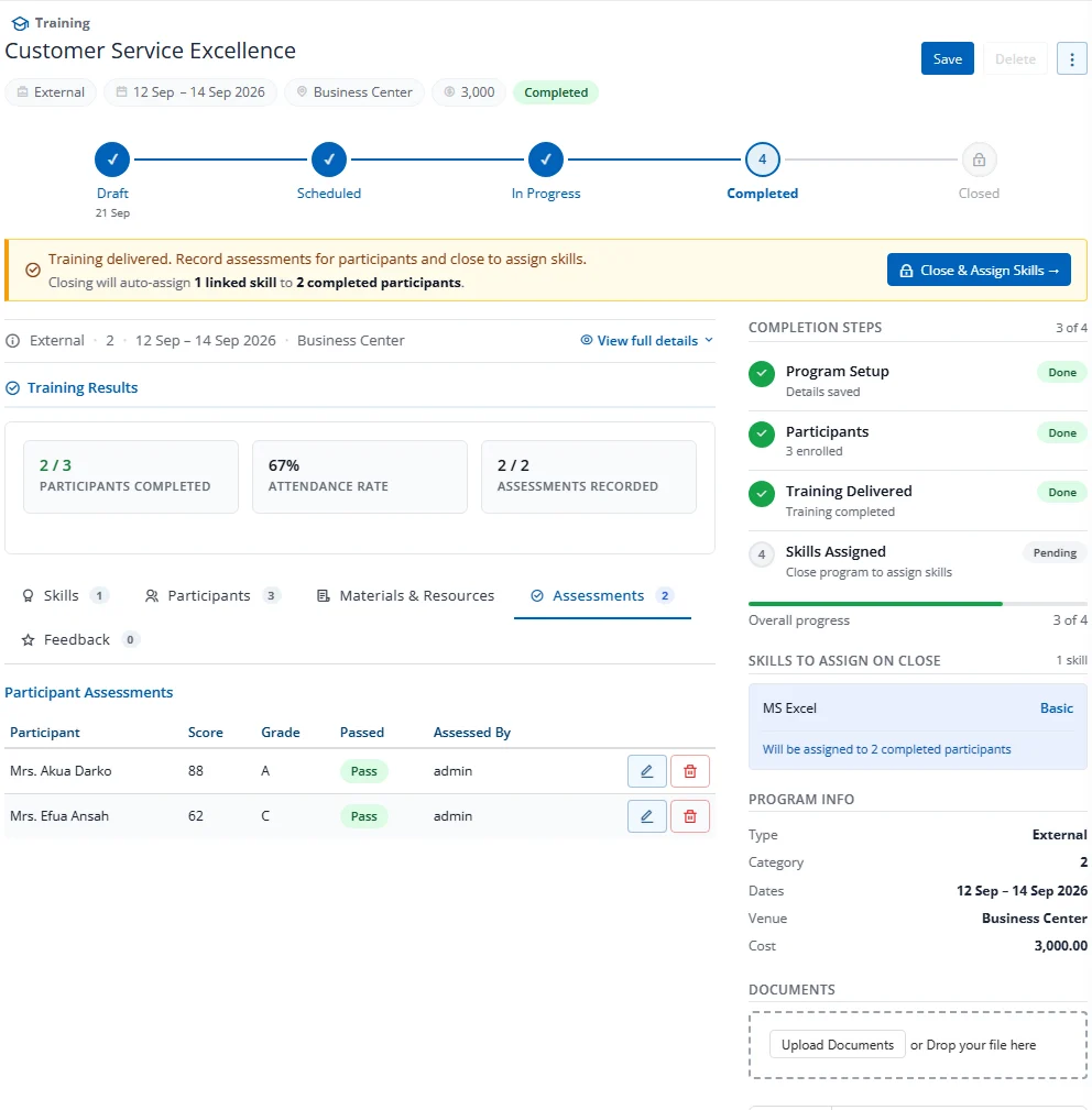Assessments tab