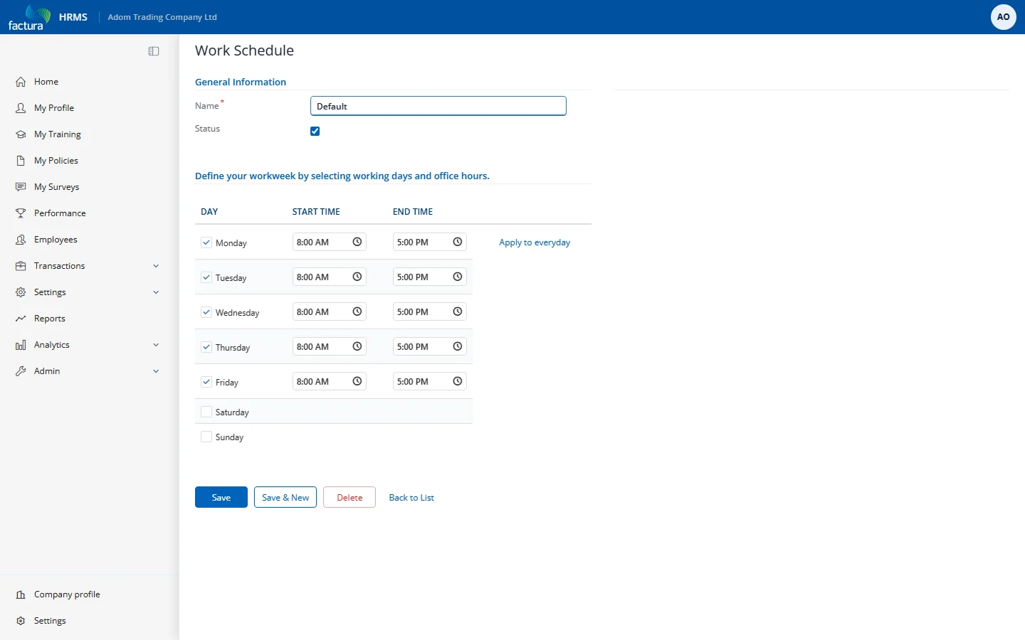 Work Schedule master form