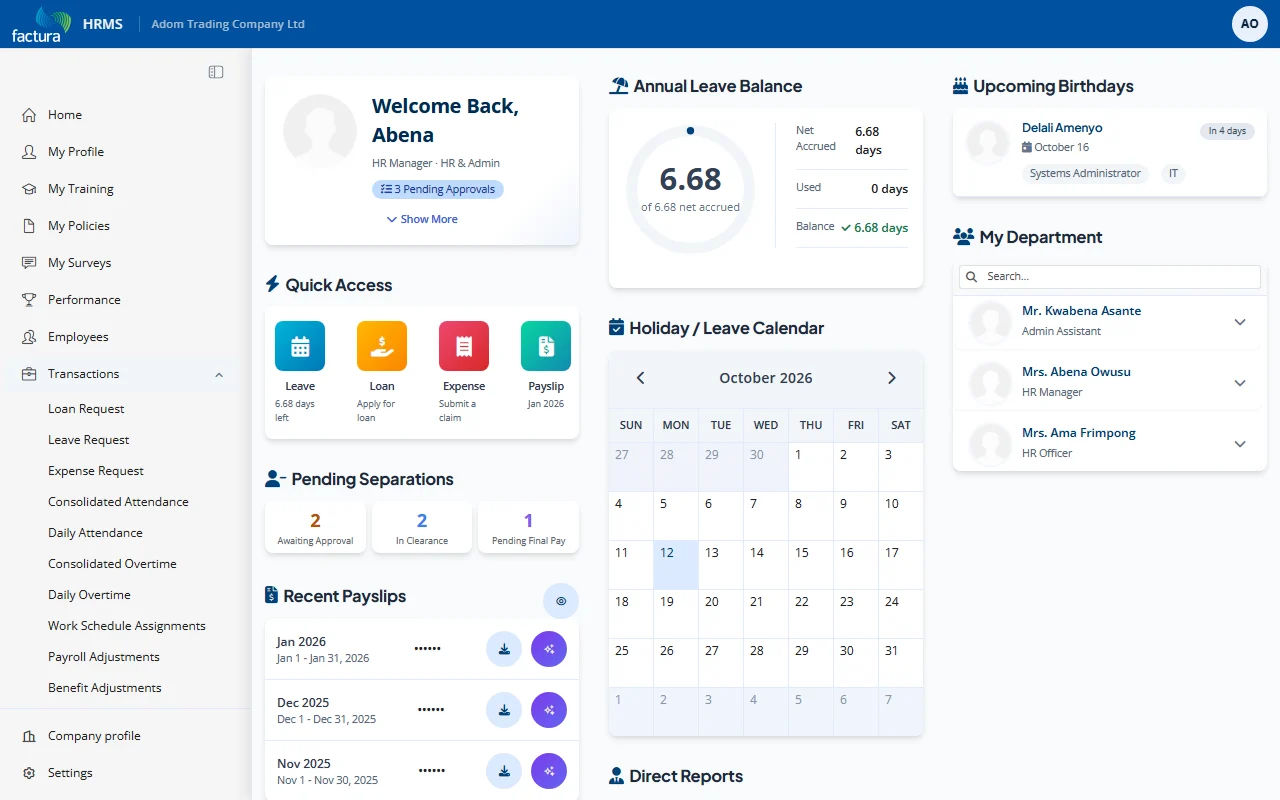 Transactions Menu