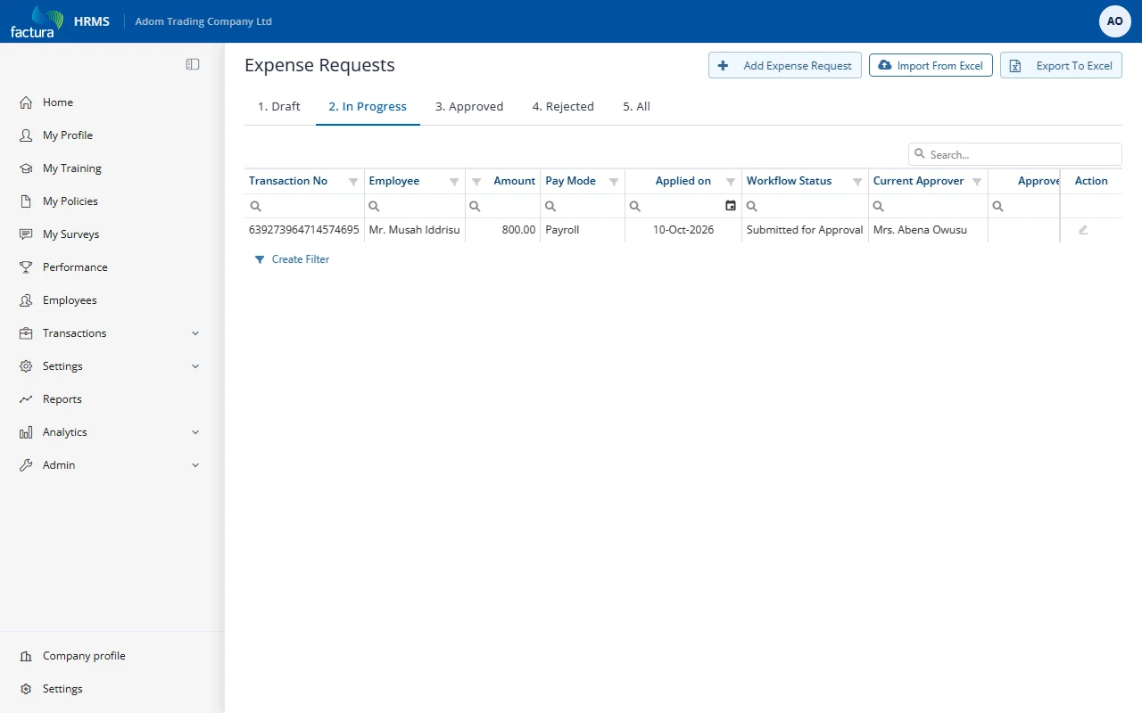 Expense List - In Progress