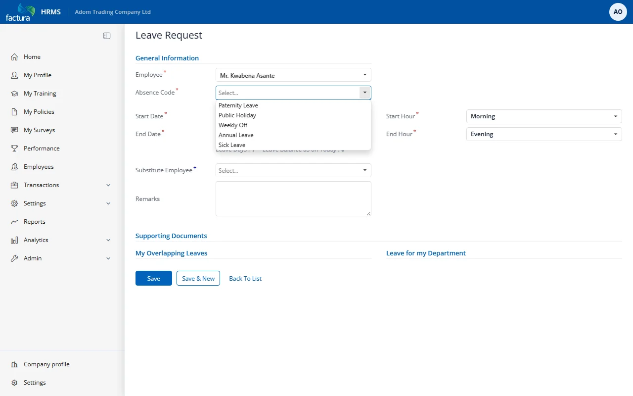 Absence Code Dropdown