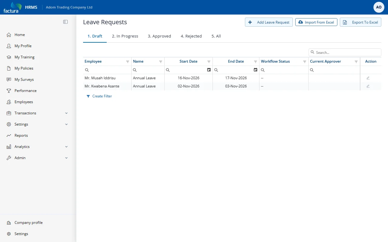 Leave Request List - Draft