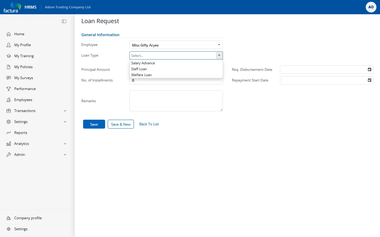 Loan Type Dropdown