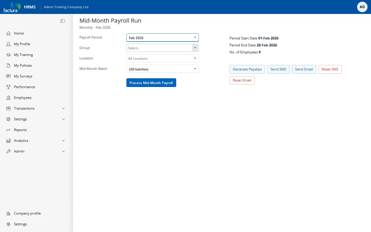 The Mid-Month Payroll Run screen for February 2026