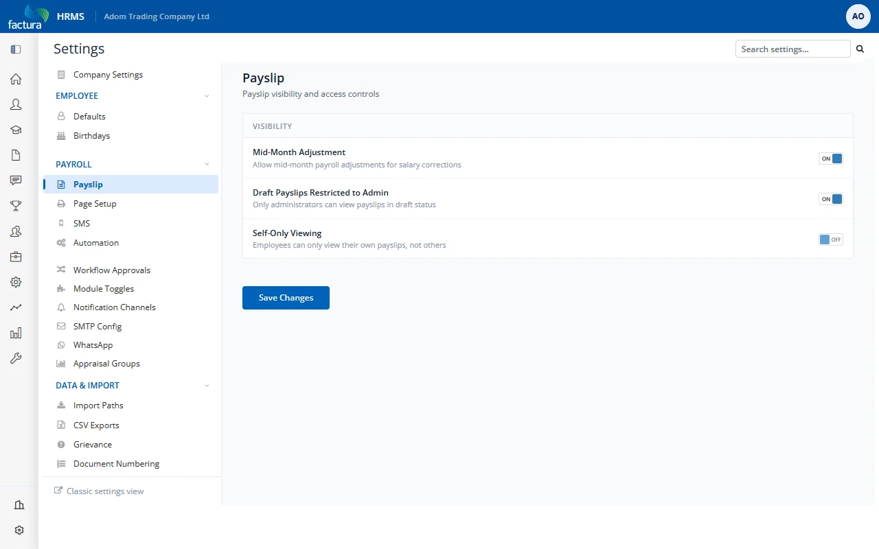 Settings, Payroll, Payslip: the Visibility card