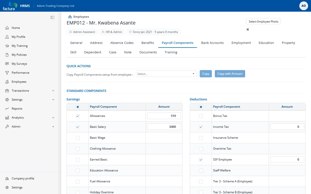 Payroll Components tab: quick actions, standard earnings and deductions