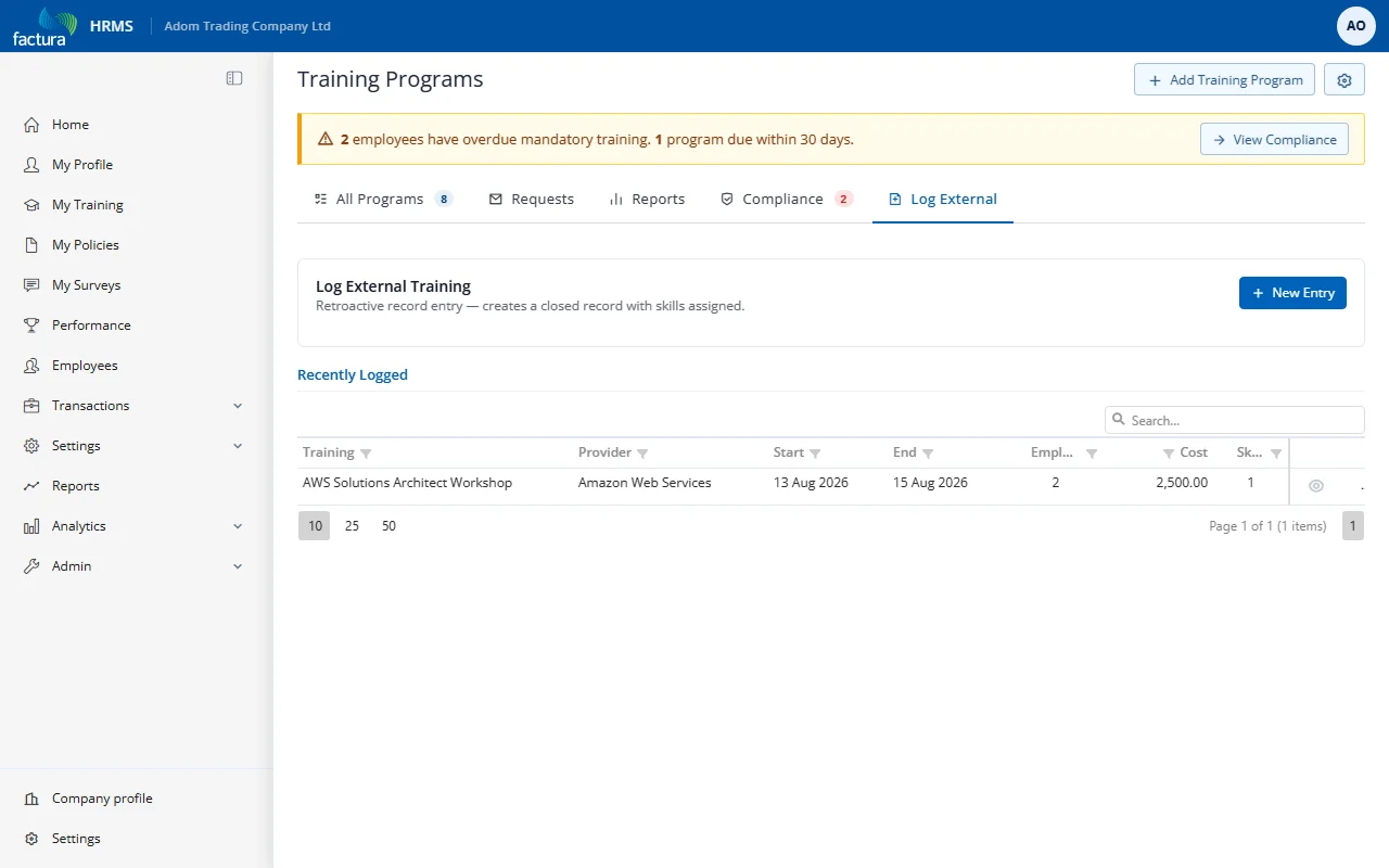 External Training tab