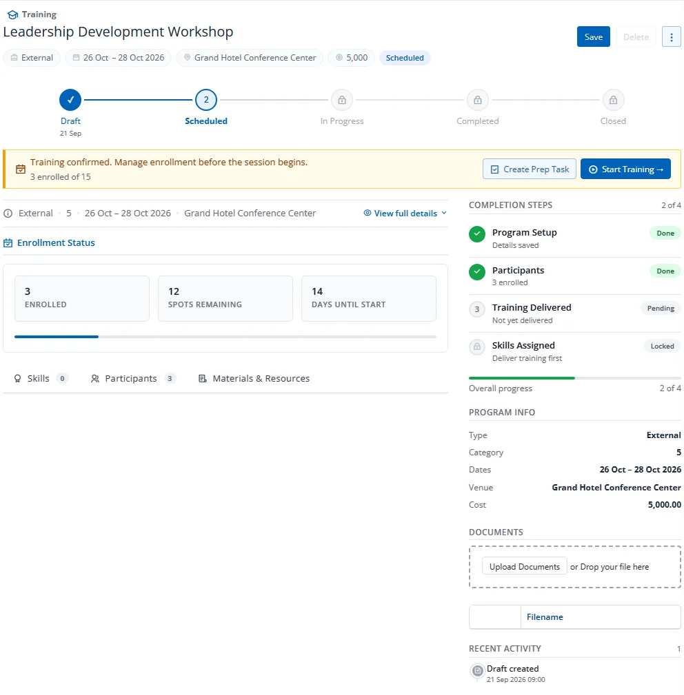 Scheduled program — workspace, stepper, sub-tabs, and action bar