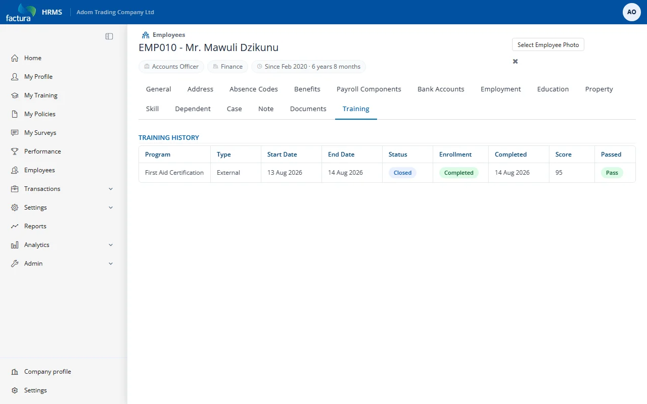 Employee profile — Training History tab